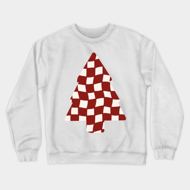 Abstract Checker Board Christmas Tree - Cranberry Red Crewneck Sweatshirt by JuneNostalgia